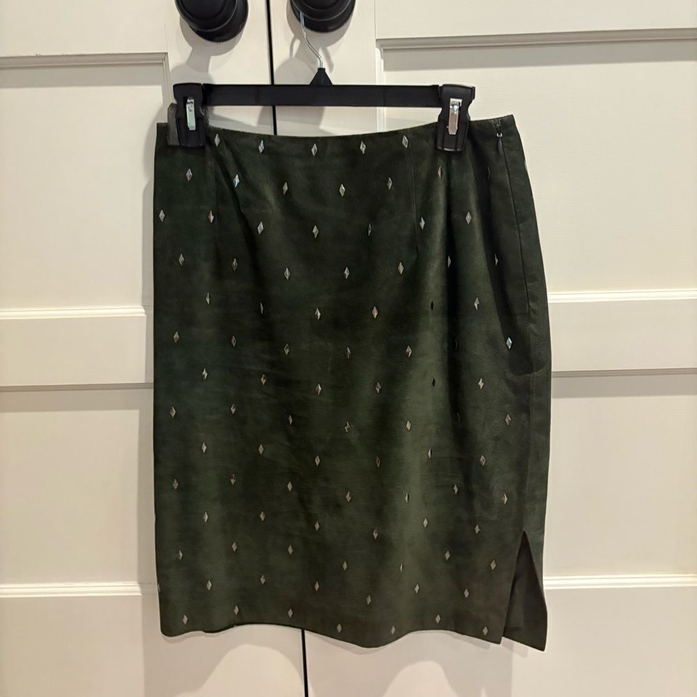 Elegant suede Green Skirt with diamond shape embellishments